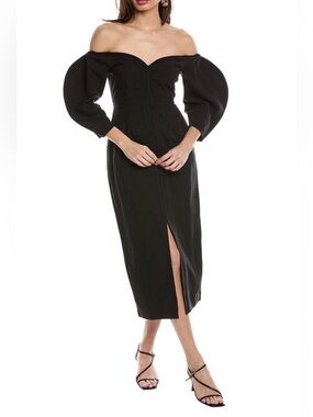 Mara Hoffman Black Leonara Off Shoulder Curved Sleeve Midi Dress NEW NWT